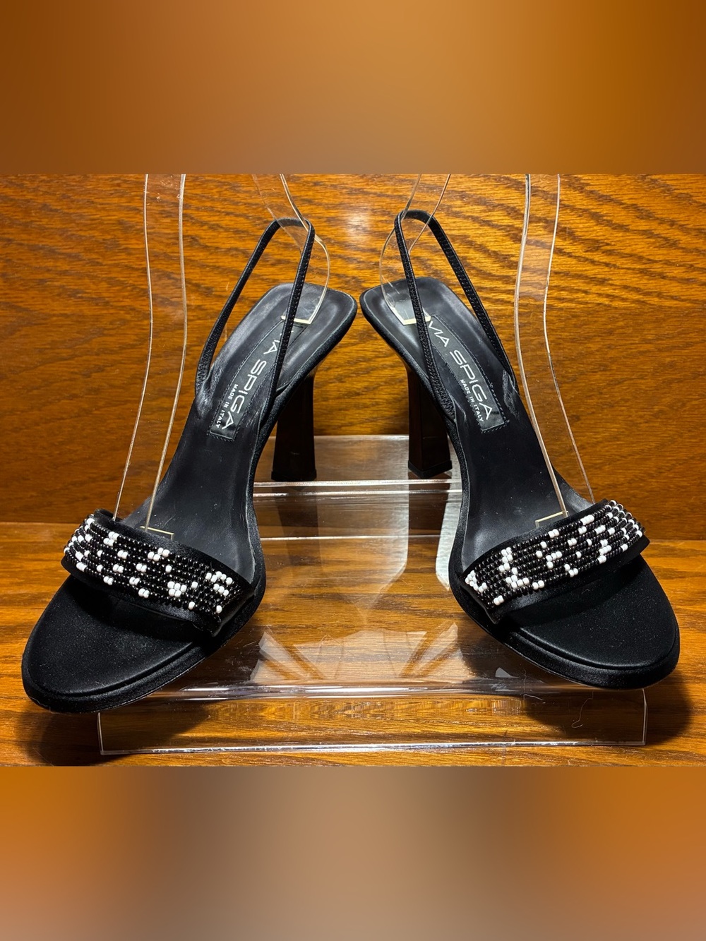Y2K Via Spiga ITALY MADE Beaded Satin Slingback Flared Heel Sandals Black Size 8